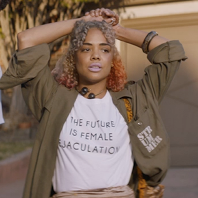 'The Future Is Female Ejaculation' shirt worn by Tessa Thompson in Sorry To Bother You. PYGOD.COM