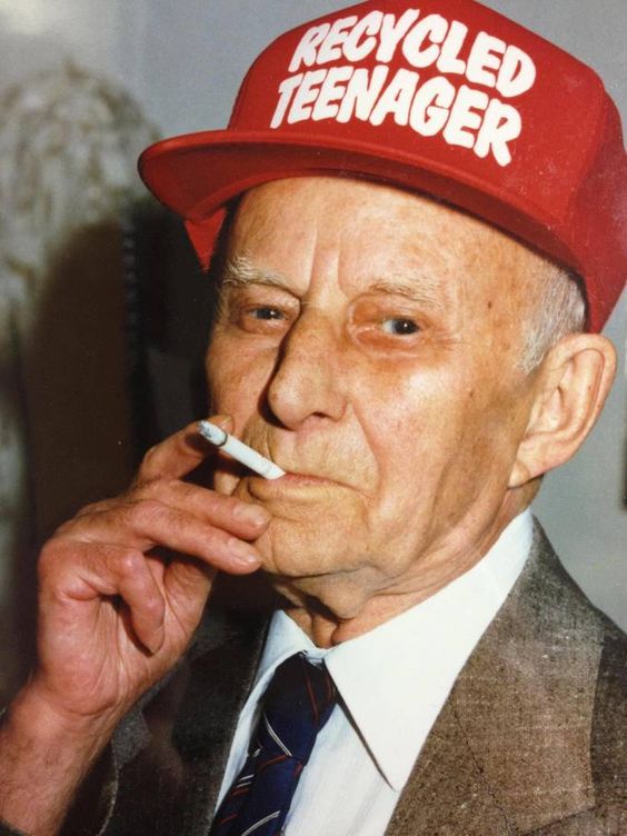 Recycled Teenager hat as worn by a 90 years old great-grandfather smoking a cigarette. PYGear.com